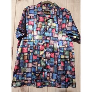 Fresh‎ Prints Shirt Mens Large Multicolor Geometric Short Sleeve Satin Button Up